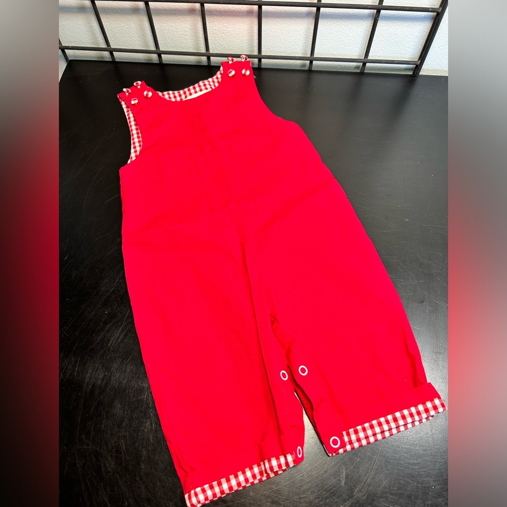 Red overalls with gingham accent 3-6 months